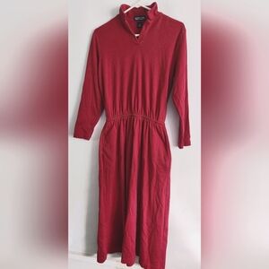 Lands End Women's Red Cotton L/S Flare Dress Size S (6-8) Petite Collared V-neck